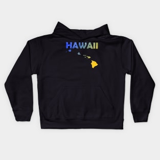 Colorful mandala art map of Hawaii with text in blue and yellow Kids Hoodie